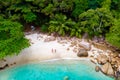 Drone view from above at Anse Lazio beach Praslin Island Seychelles, couple men and woman on beach Royalty Free Stock Photo