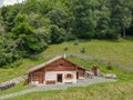 Drone view at the alp chalet of Heidi village over Maienfeld in the Swiss alps Royalty Free Stock Photo