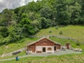 Drone view at the alp chalet of Heidi village over Maienfeld in the Swiss alps Royalty Free Stock Photo