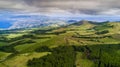 Drone view of amazing Azores landscape. Green fields on the north coast of San Miguel island, Azores, Portugal. Bird eye view, Royalty Free Stock Photo