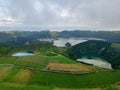 Drone view of amazing lagoon. Lake formed by the crater of an old volcano in San Miguel island, Azores, Portugal. Bird eye view, a Royalty Free Stock Photo