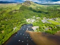 Drone view of Balmaha and Conic Hill on the shores of Loch Lomond (Scottish Highlands