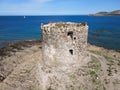 Drone view at the beach of Pelosa at Stintino on Sardinia, Italy Royalty Free Stock Photo