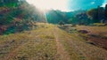 Drone view of beautiful morning sunrise over green mountain valley. Royalty Free Stock Photo