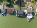 Drone view of boat houses, river and boats at summertime. Sava River - Belgrade - Serbia