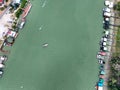 Drone view of boat houses, river and boats at summertime. Sava River - Belgrade - Serbia