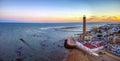 Drone view of the Chipiona lighthouse at dawn in the province of Cadiz Royalty Free Stock Photo