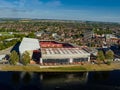 Drone view of the City Ground football stadium in West Bridgford, Nottinghamshire, England