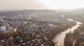 Drone view of cityscape Brugg south-west with Aare river, residential and commercial districts, historic old town and Umiken in