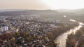 Drone view of cityscape Brugg south-west with Aare river, residential and commercial districts, historic old town and Umiken in