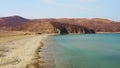 Drone view of a clean sandy beach in Astafyev Bay in the East Sea