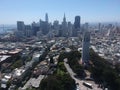 Drone view of the Coit Tower against the beautiful cityscape of skyscrapers in San Francisco Royalty Free Stock Photo