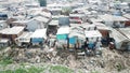 Drone view of crowded slum neighborhood