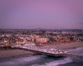 Drone view of Crystal Pier Cottages Hotel. San Diego California sunset.