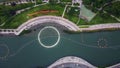 Drone view of dancing fountains light show near famous Meixihu International Culture and Arts Centre