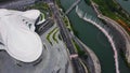 Drone view of dancing fountains light show near famous Meixihu International Culture and Arts Centre