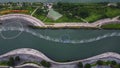 Drone view of dancing fountains light show near famous Meixihu International Culture and Arts Centre