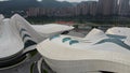 Drone view of dancing fountains light show near famous Meixihu International Culture and Arts Centre