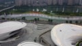 Drone view of dancing fountains light show near famous Meixihu International Culture and Arts Centre