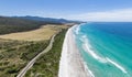 drone view of Denison Beach ajust north of the village of Bicheno, Tasmania, Australia