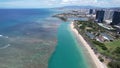 Drone view of the densest parts of Honolulu, including Kakaako, Ala Moana beach and condominiums