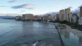 Drone view of the densest parts of Honolulu at Waikiki and its beach and hotels