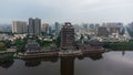 Drone view of the Dongpo Urban Wetland Park near Minjiang river, Meishan city, China