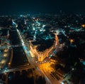 Drone view of downtown Sarajevo, city hall and river Miljacka in the evening Royalty Free Stock Photo