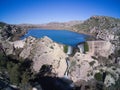 Drone view of the Elche reservoir and waterfall, located in Alicante, Spain Royalty Free Stock Photo