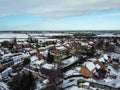 Drone view of an English village after snowfall. Royalty Free Stock Photo