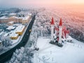 Drone view of the famous landmark of Ufa and Bashkiria - Lala Tulip mosque during sunset in winter season. Islamic religion Royalty Free Stock Photo