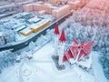 Drone view of the famous landmark of Ufa and Bashkiria - Lala Tulip mosque during sunset in winter season. Islamic religion Royalty Free Stock Photo