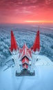 drone view of the famous landmark of Ufa and Bashkortostan - Lala Tulpan mosque during sunset in winter season. Islamic Royalty Free Stock Photo