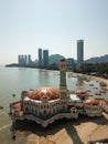 Drone view floating mosque at Tanjung Bungah in afternoon.