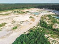 Drone view on a flooded kaolin quarry with turquoise water and white shore. Aerial shot of a kaolin pit flooded with water