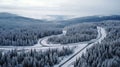 Drone view of forest in winter time. Winter top background