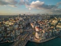 Drone view of the Galata Bridge, view of the Galata Tower. Spring Istanbul, sunset. Royalty Free Stock Photo