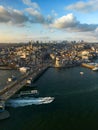 Drone view of the Galata Bridge, view of the Galata Tower. Spring Istanbul, sunset. Royalty Free Stock Photo