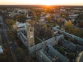Drone view of golden sunrise over Princeton New Jersey. Cityscape with famous landmarks