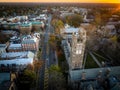 Drone view of golden sunrise over Princeton New Jersey. Cityscape with famous landmarks