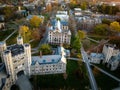 Drone view of golden sunrise over Princeton New Jersey. Cityscape with famous landmarks