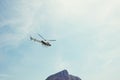 Drone, view and helicopter in a blue sky for travel, adventure or low angle transportation. Flying, freedom or aircraft Royalty Free Stock Photo