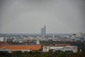 Drone view of the high-rise building City-Hochhaus in Leipzig, Germany under gray sky