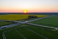 Drone view on highway in Gliwice during sunset