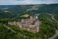 Drone view of the historic 11th-century Bourscheid Castle in northern Luxembourg