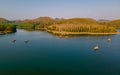 Drone view Huai Krathing lake in North Eastern Thailand Isaan , famous for its floating bamboo rafts Royalty Free Stock Photo