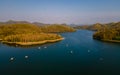 Drone view Huai Krathing lake in North Eastern Thailand Isaan , famous for its floating bamboo rafts Royalty Free Stock Photo