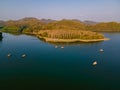 Drone view Huai Krathing lake in North Eastern Thailand Isaan , famous for its floating bamboo rafts Royalty Free Stock Photo