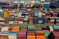 Drone view of a hundreds of stacked shipping containers in a port of Los Angeles in California Royalty Free Stock Photo