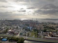 Drone view of the industrial part of St. Petersburg, Kanonersky island with Western high-speed diameter and the Gulf of Finland on